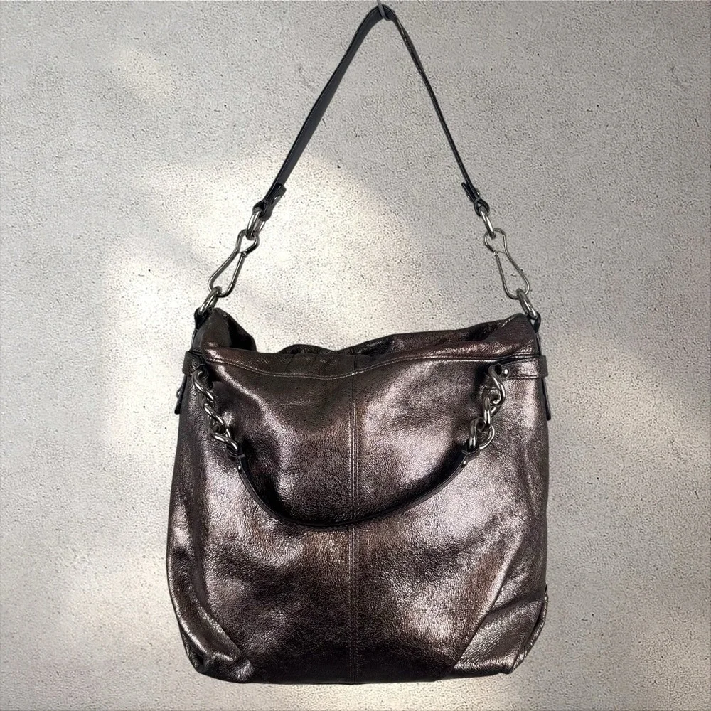 Coach Brooke Pewter Silver Metallic Leather Satchel Shoulder Bag Purse F17165